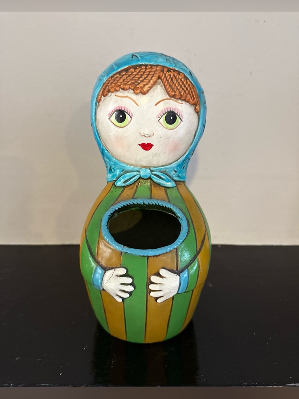 Hand-Painted Matryoshka-Style Vase in Green and Teal